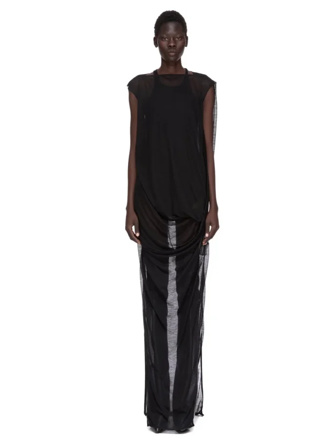 ABITO RICK OWENS CONCORDIANS NOUVEAU FW25 IN JERSEY DI LANA TRASPARENTE NERO. RP02E4574JWR-09