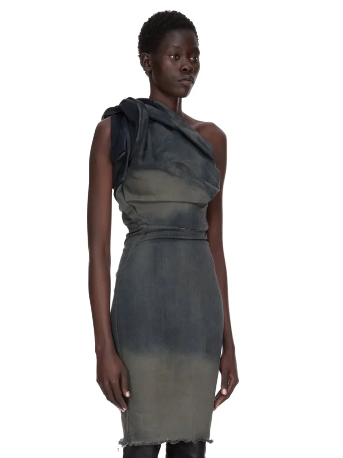 ABITO RICK OWENS FW25 CONCORDIANS TWIST IN DENIM ELASTICIZZATO DRKDUST DEGRADE SLUB. RP02E4521SDKDEG-78D