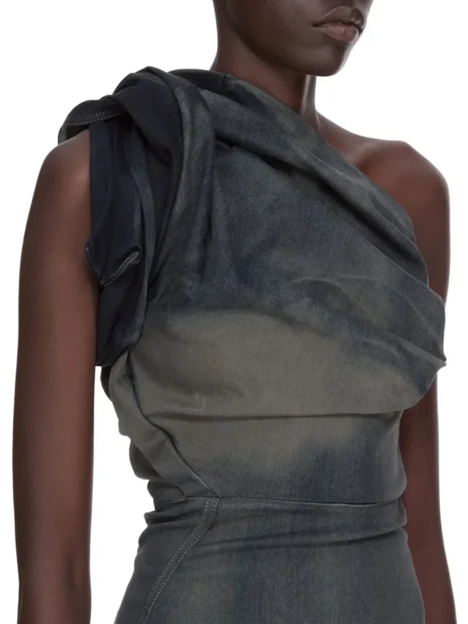 ABITO RICK OWENS FW25 CONCORDIANS TWIST IN DENIM ELASTICIZZATO DRKDUST DEGRADE SLUB. RP02E4521SDKDEG-78D