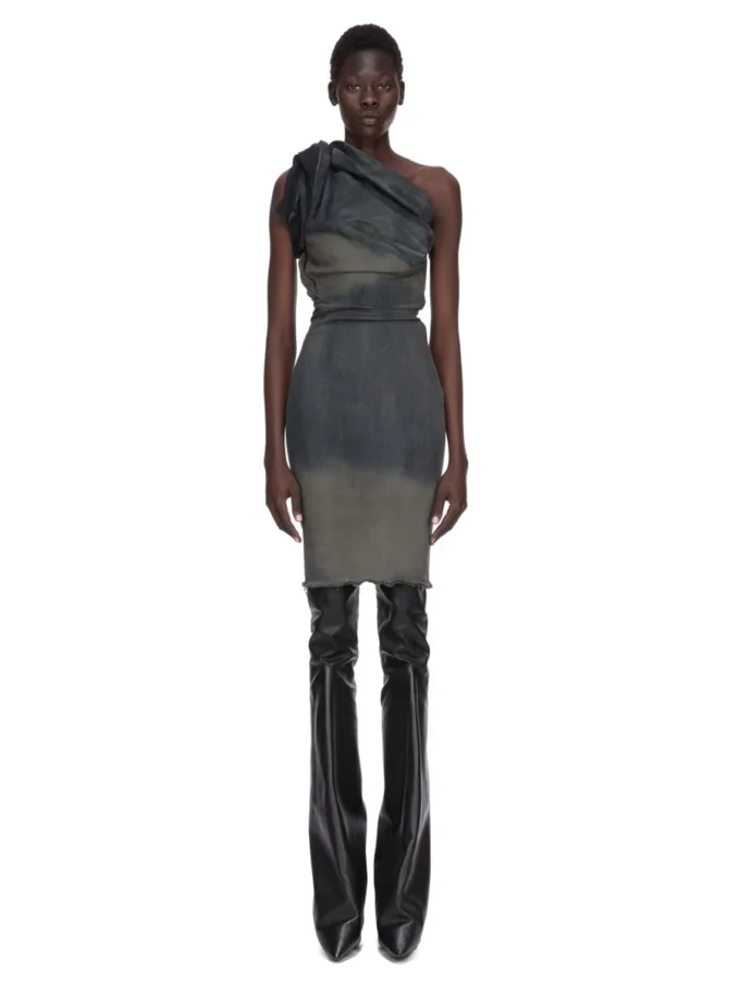 ABITO RICK OWENS FW25 CONCORDIANS TWIST IN DENIM ELASTICIZZATO DRKDUST DEGRADE SLUB. RP02E4521SDKDEG-78D