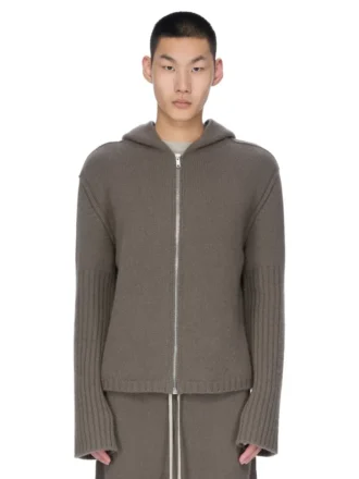 FELPA CON CAPPUCCIO E ZIP RICK OWENS PRE-COLLEZIONE CONCORDIANS FW25 IN MAGLIA DI CASHMERE DUST LAS PALMAS. RU02E1666KLWS-34
