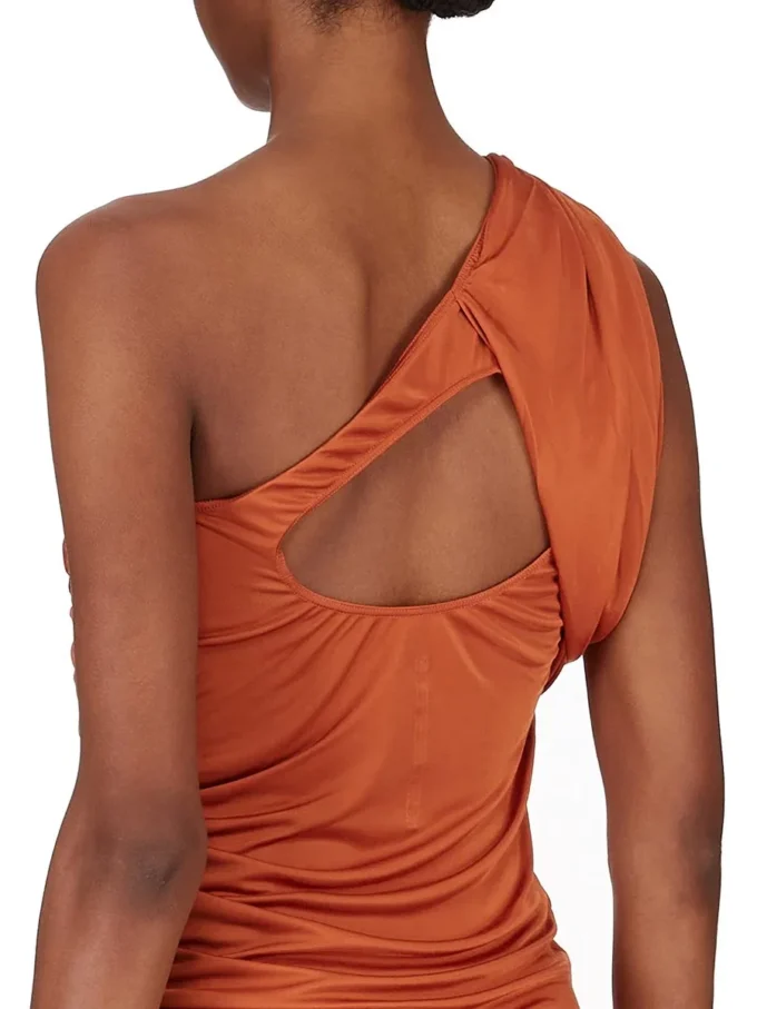 RICK OWENS FW25 CONCORDIANS ABITO AMIRA IN JERSEY DI VISCOSA SATINATA ARANCIONE. LI02E3526JVS-153