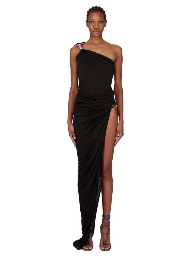 RICK OWENS FW25 CONCORDIANS GONNA HYDRA IN JERSEY DI VISCOSA SATINATA NERA. LI02E3315JVS-09