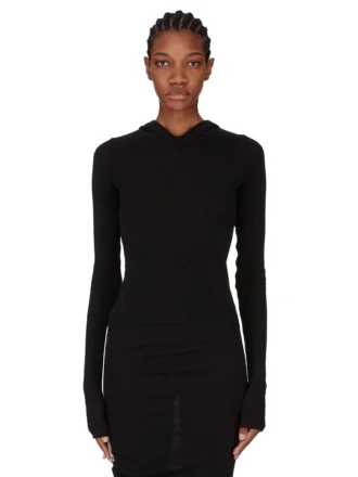 T-shirt a maniche lunghe con cappuccio e costine RICK OWENS FW25 CONCORDIANS in jersey a costine RAININO nero. RP02E4210RJR-09