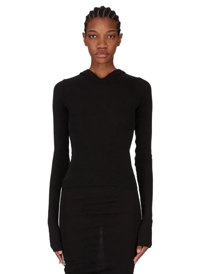 T-shirt a maniche lunghe con cappuccio e costine RICK OWENS FW25 CONCORDIANS in jersey a costine RAININO nero. RP02E4210RJR-09
