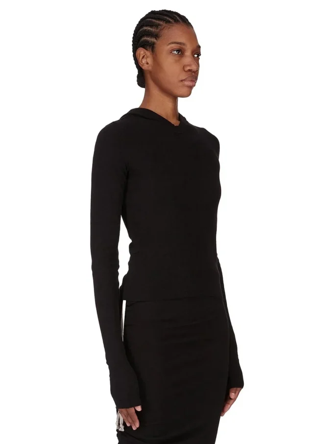 T-shirt a maniche lunghe con cappuccio e costine RICK OWENS FW25 CONCORDIANS in jersey a costine RAININO nero. RP02E4210RJR-09