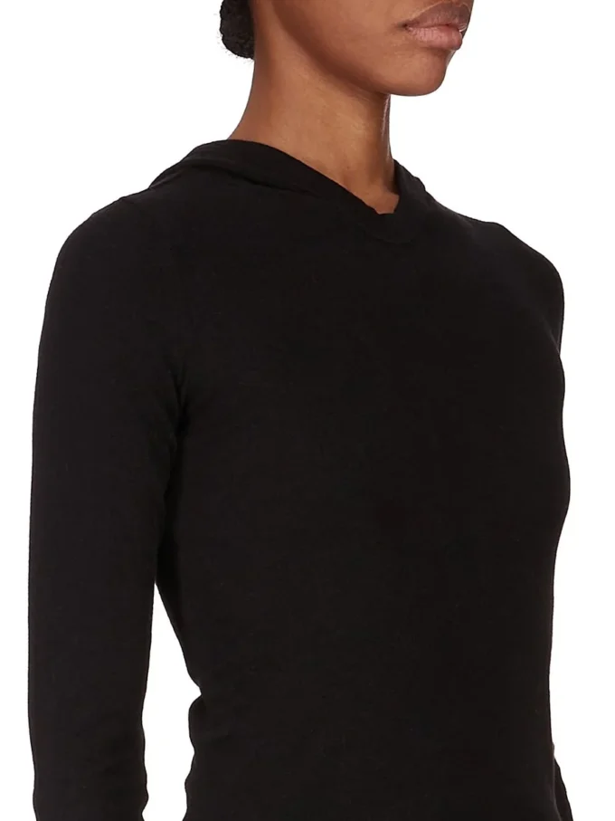 T-shirt a maniche lunghe con cappuccio e costine RICK OWENS FW25 CONCORDIANS in jersey a costine RAININO nero. RP02E4210RJR-09